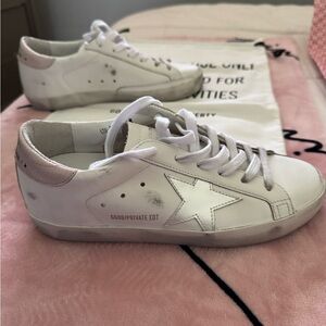 GG White Leather Sneakers with StarAccent & pink heel.Crazycute private edition